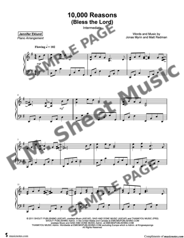 10,000 Reasons (Bless The Lord) (Intermediate Piano) By Matt Redman - F